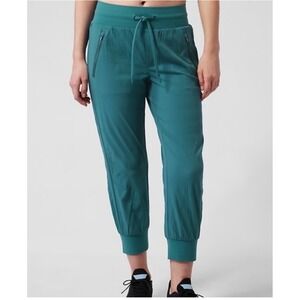 Athleta Trekkie North Crop Jogger Pants Teal Zip Pockets Drawstring Size 8T Tall